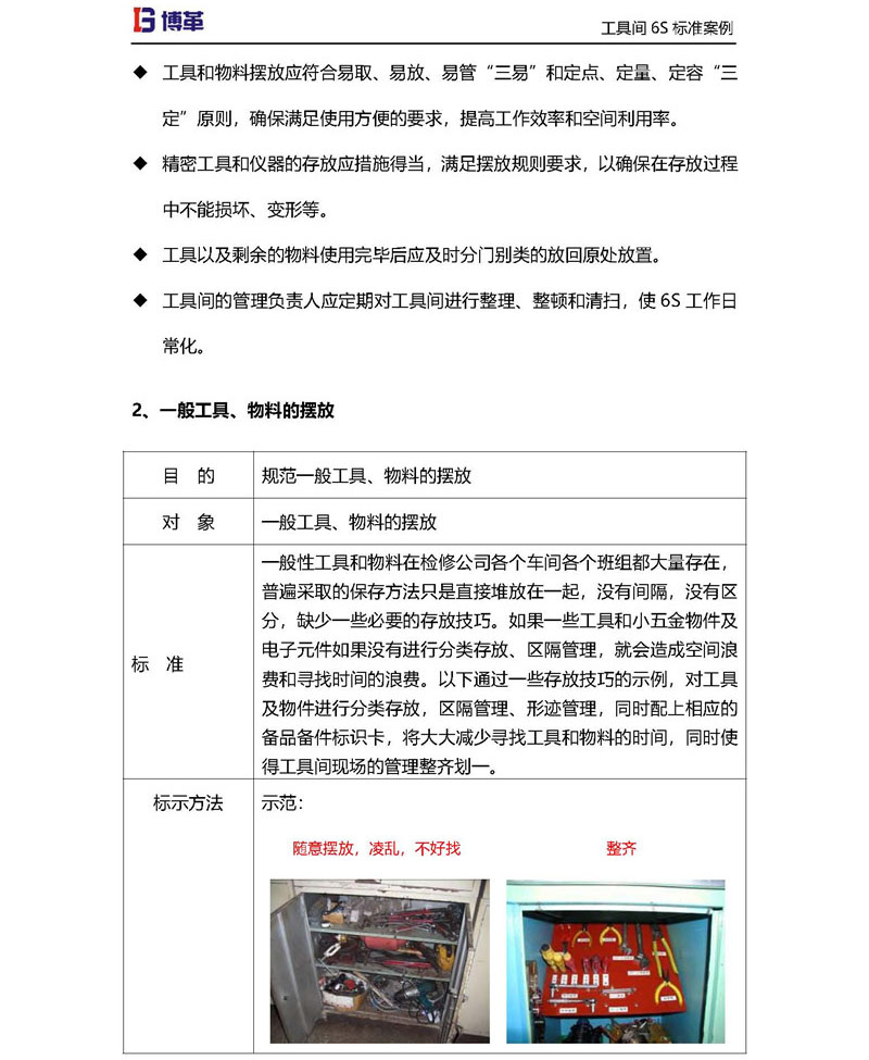 工具間一般工具，物料的擺放